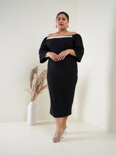 Black Glitter Off Shoulder Bodycon Midi Dress-SASSAFRAS Curve