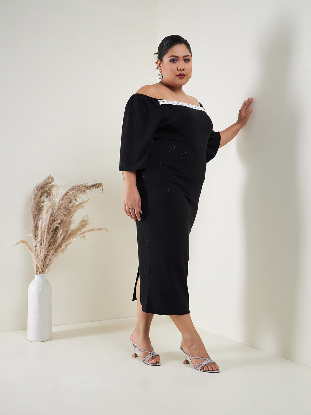 Black Glitter Off Shoulder Bodycon Midi Dress-SASSAFRAS Curve