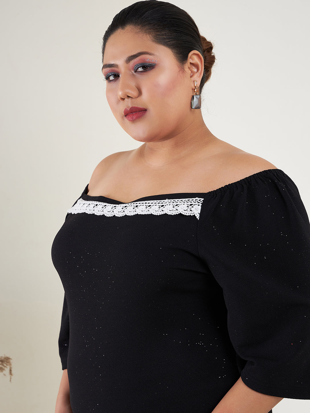 Black Glitter Off Shoulder Bodycon Midi Dress-SASSAFRAS Curve