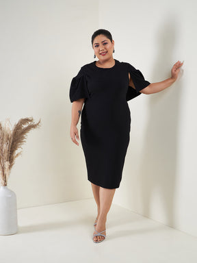 Black Cape Sleeves Bodycon Midi Dress-SASSAFRAS Curve