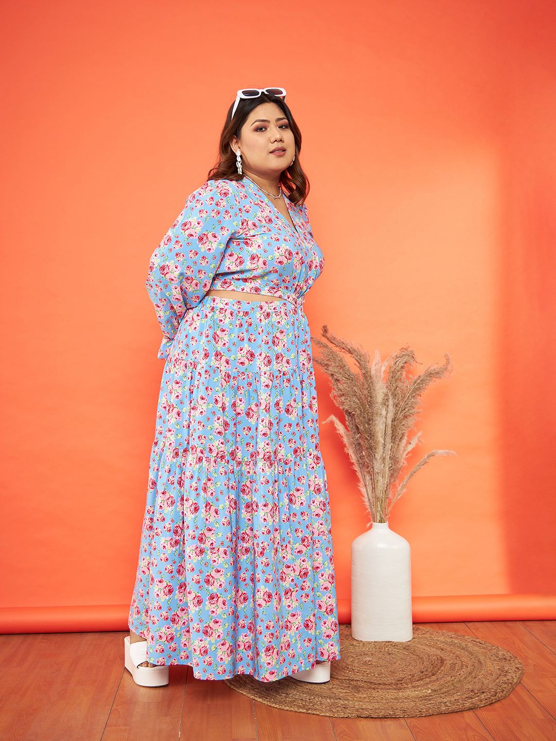 Women Blue Floral Waist Cut-Out Maxi Dress - Main Image