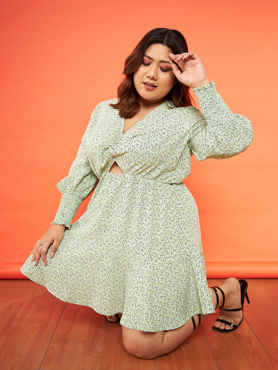 Buy Women Green Floral Smocked Sleeves Cut-out Skater Dress Online at Best Price