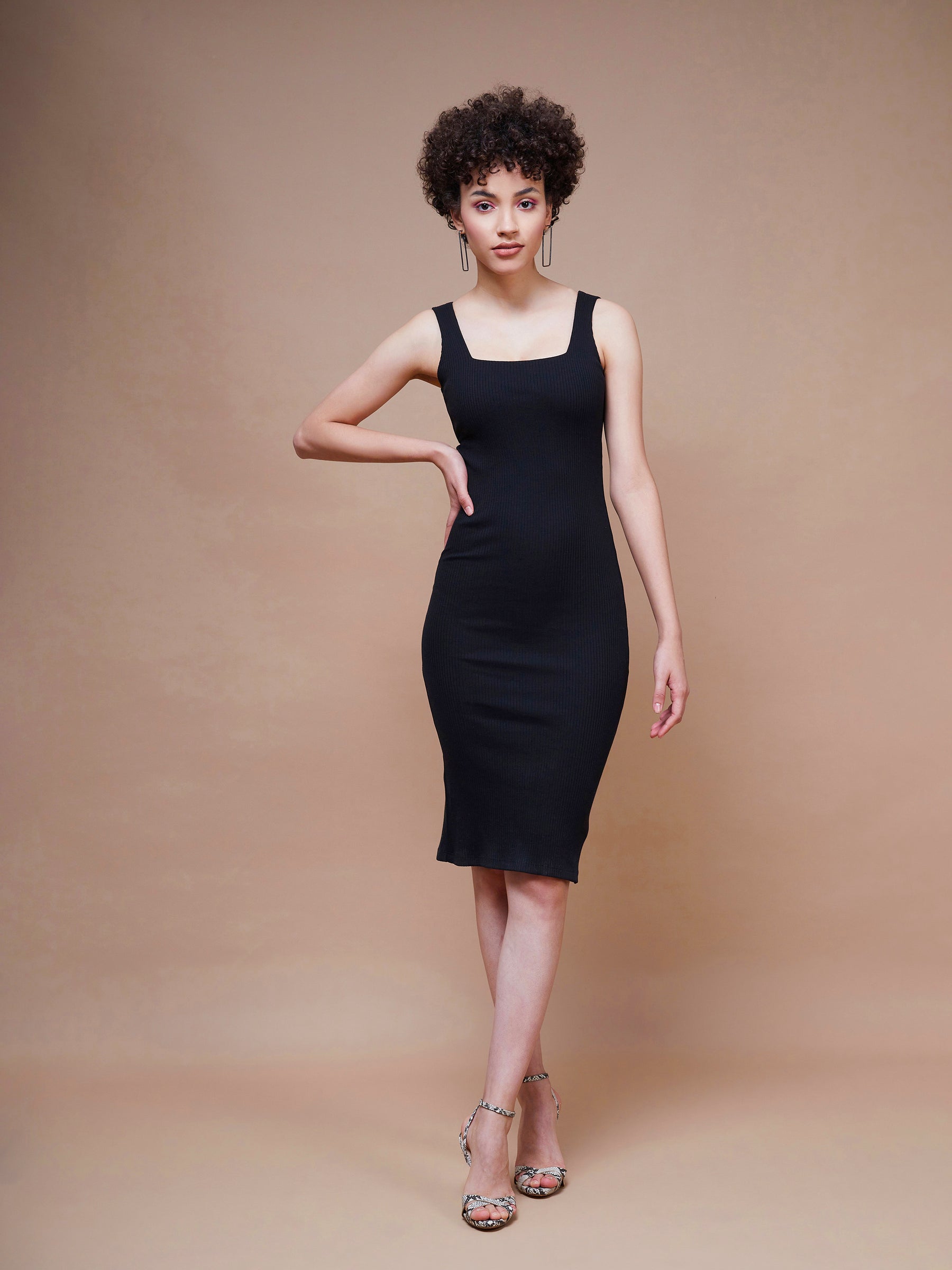 Long Sleeve Tie Back Detail Side Split Mini Dress In Black Ribbed | EGO