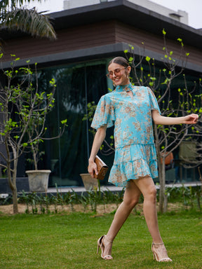 Turquoise Floral Tiered Short Dress-SASSAFRAS