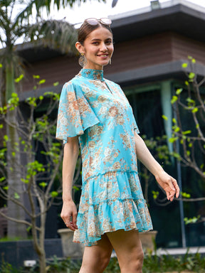 Turquoise Floral Tiered Short Dress-SASSAFRAS