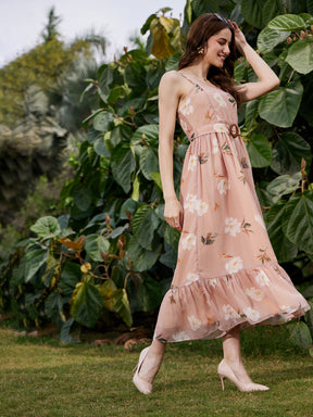 Nude Floral Belted Strappy Maxi Dress-SASSAFRAS