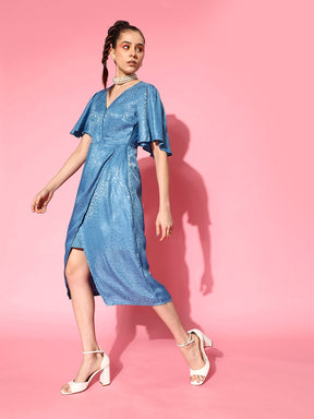 Blue Jacquard Drape Midi Dress-SASSAFRAS