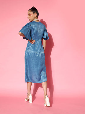 Blue Jacquard Drape Midi Dress-SASSAFRAS