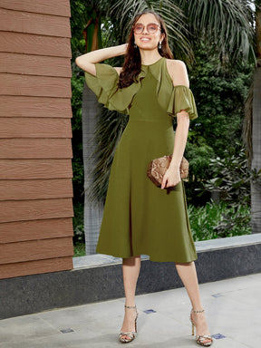 Olive Sleeve Frill Detail Midi Dress-SASSAFRAS