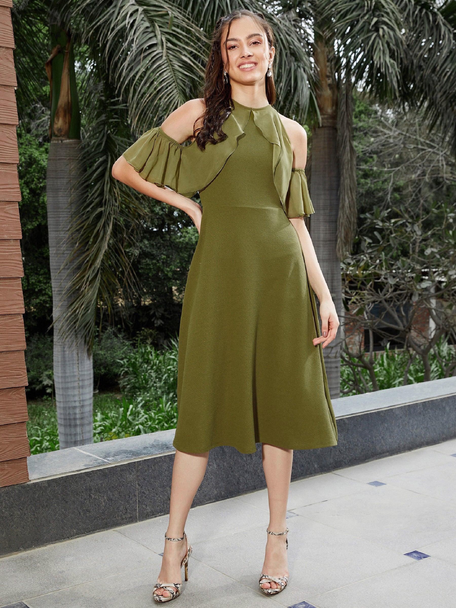 Women Olive Sleeve Frill Detail Midi Dress