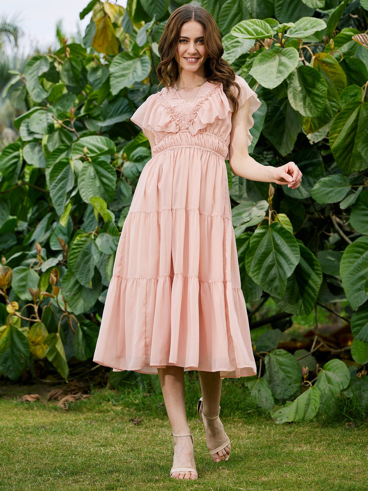 Nude Frilly Tiered Midi Dress-SASSAFRAS