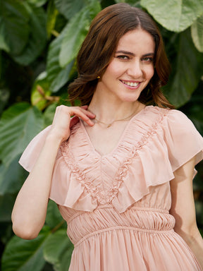 Nude Frilly Tiered Midi Dress-SASSAFRAS