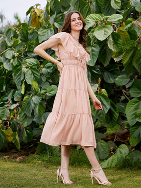 Nude Frilly Tiered Midi Dress-SASSAFRAS