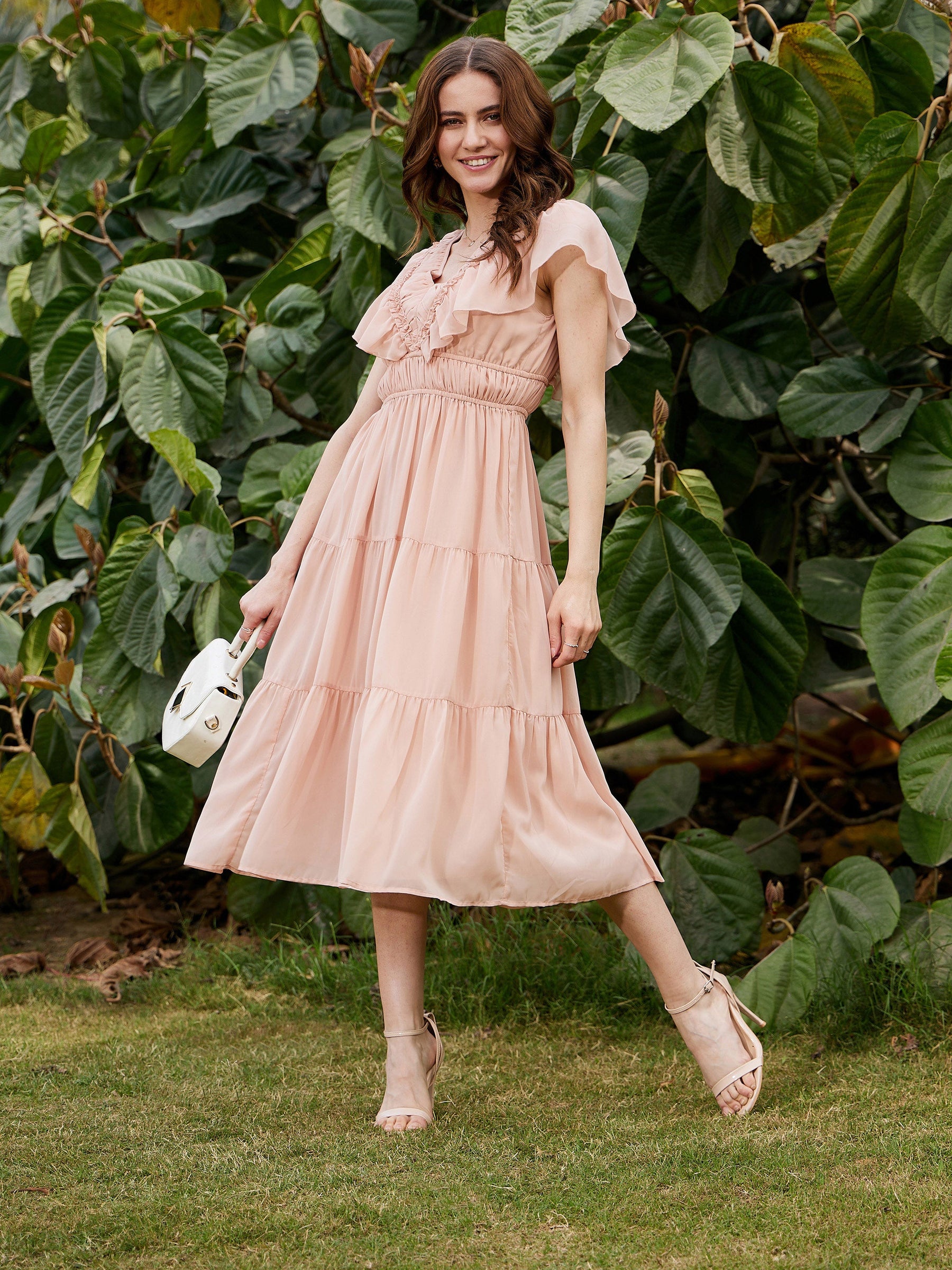 Nude Frilly Tiered Midi Dress-SASSAFRAS