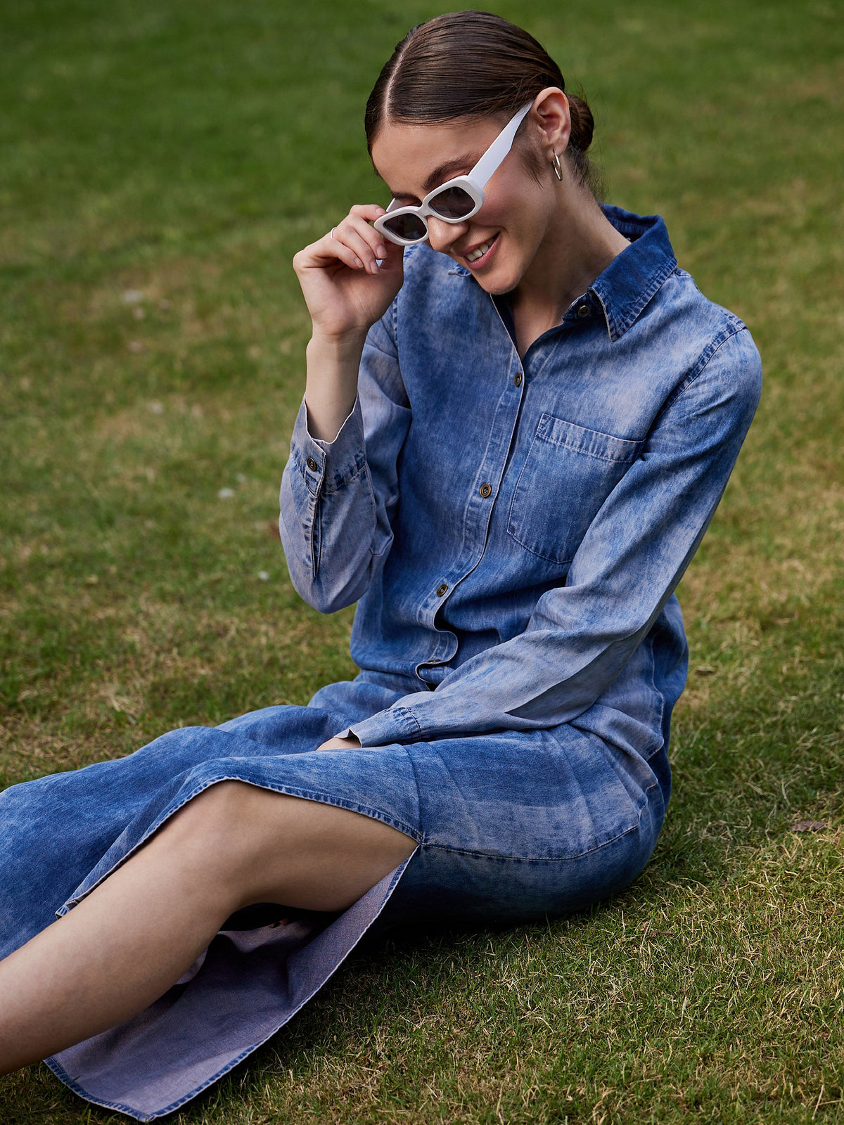 Blue Acid Wash Tencel Maxi Shirt Dress-SASSAFRAS