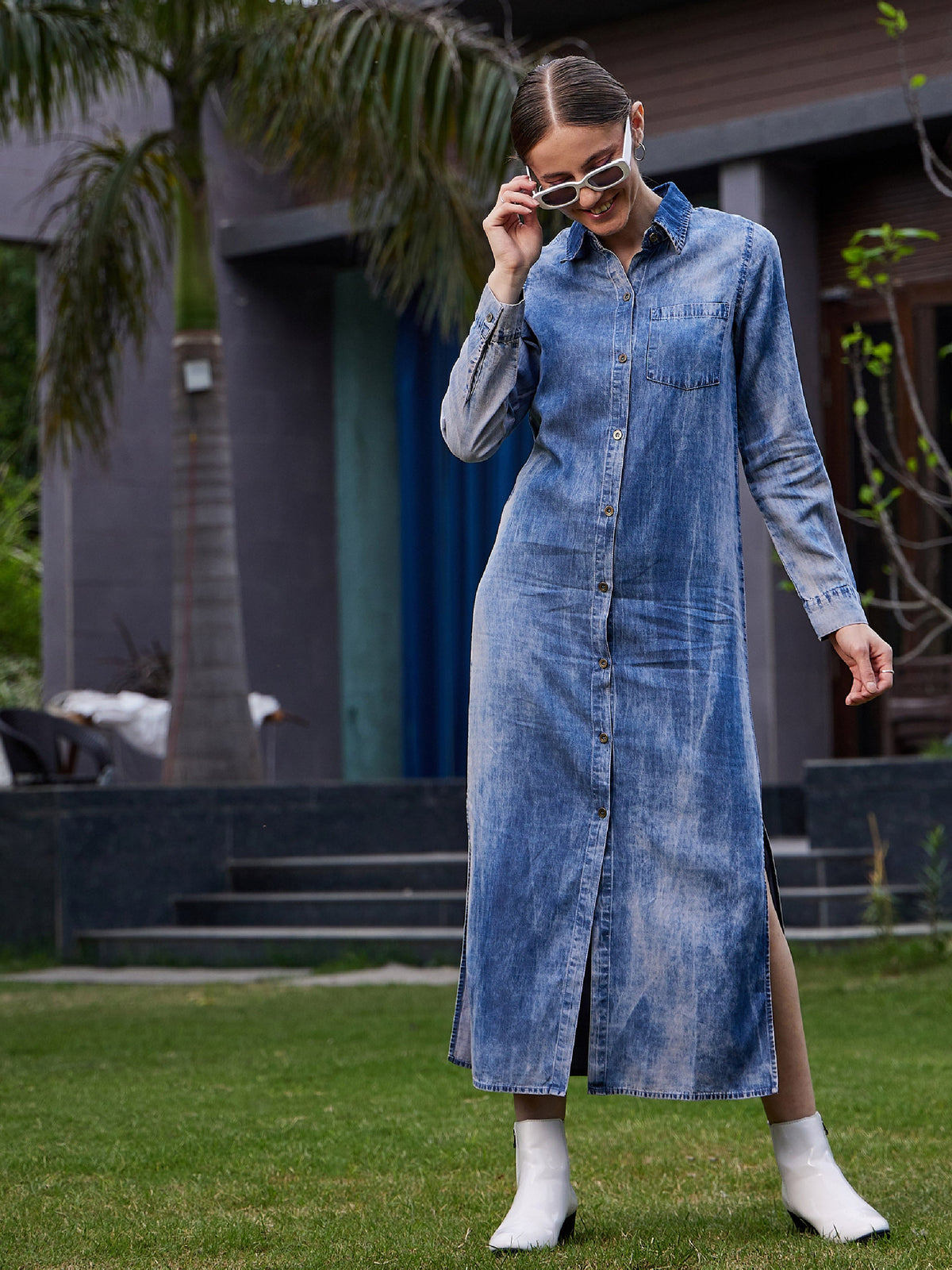 Blue Acid Wash Tencel Maxi Shirt Dress-SASSAFRAS