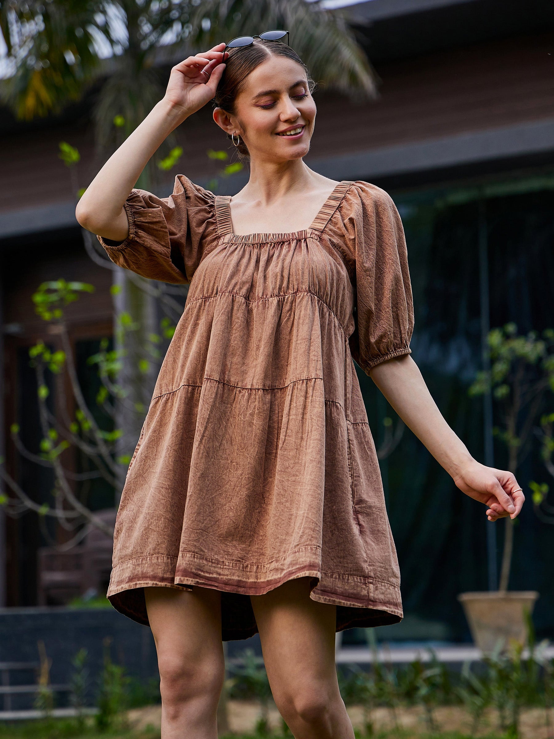 Brown Washed Tiered Dress-SASSAFRAS