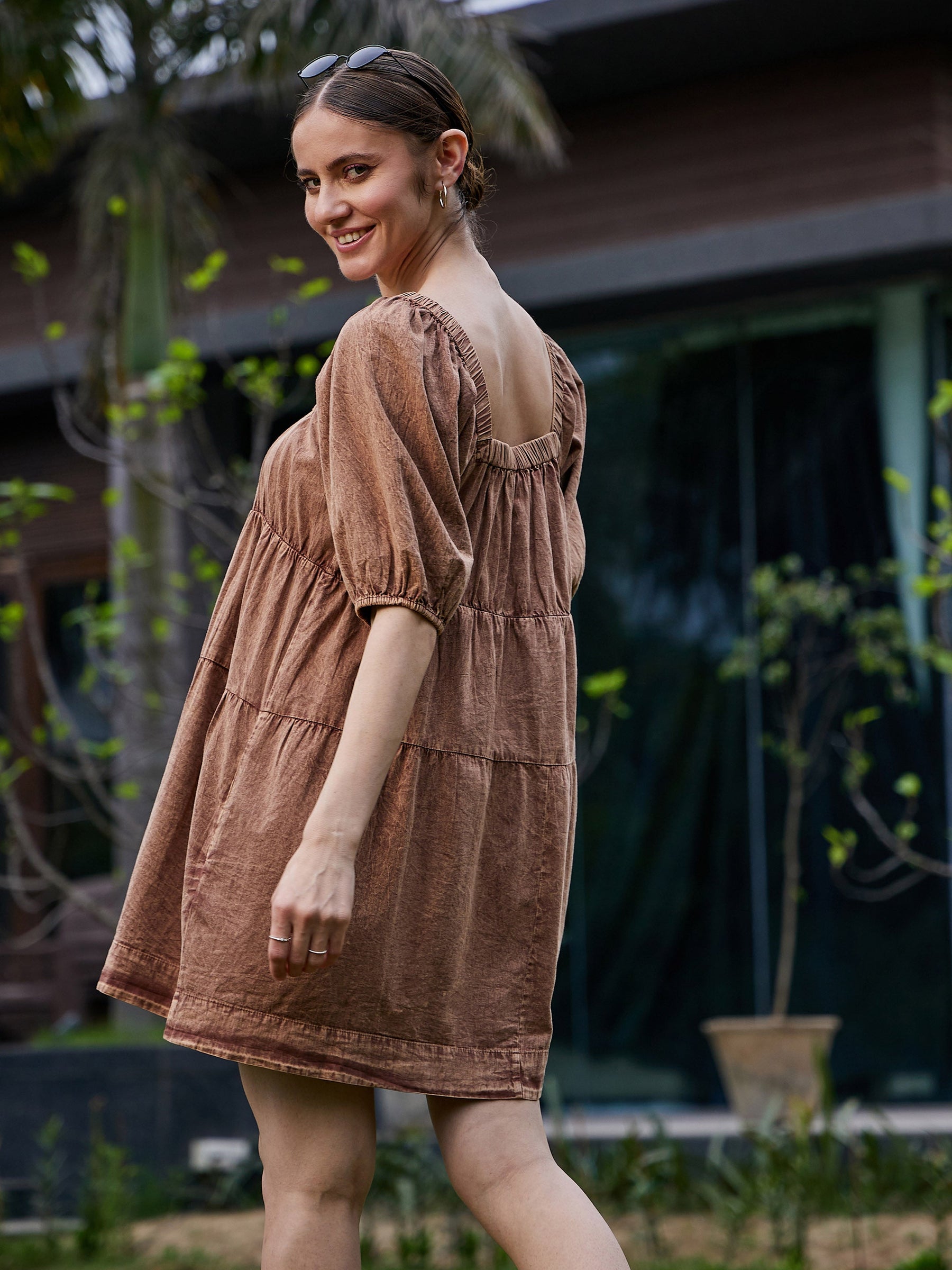 Brown Washed Tiered Dress-SASSAFRAS