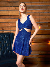 Royal Blue Sequin Front Cut Out Short Skater Dress-SASSAFRAS