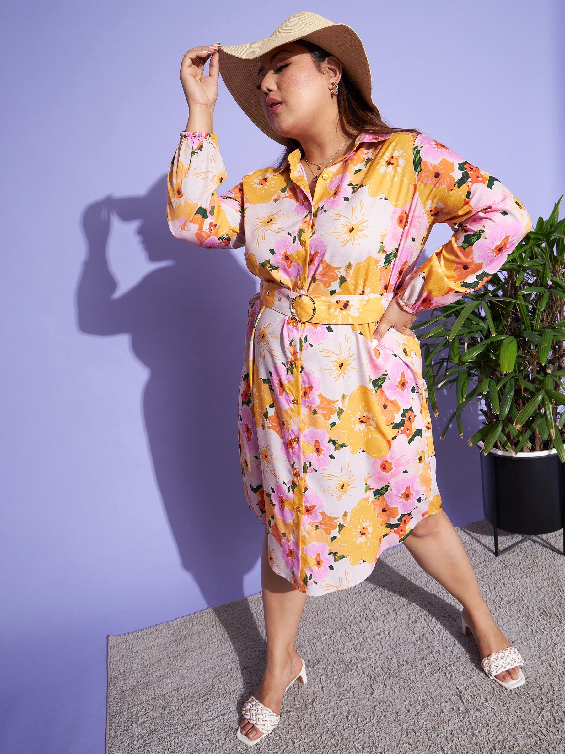 Orange Floral Belted Shirt Dress-SASSAFRAS Curve