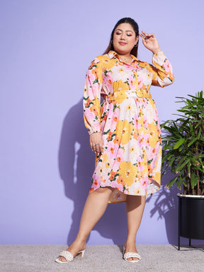 Orange Floral Belted Shirt Dress-SASSAFRAS Curve