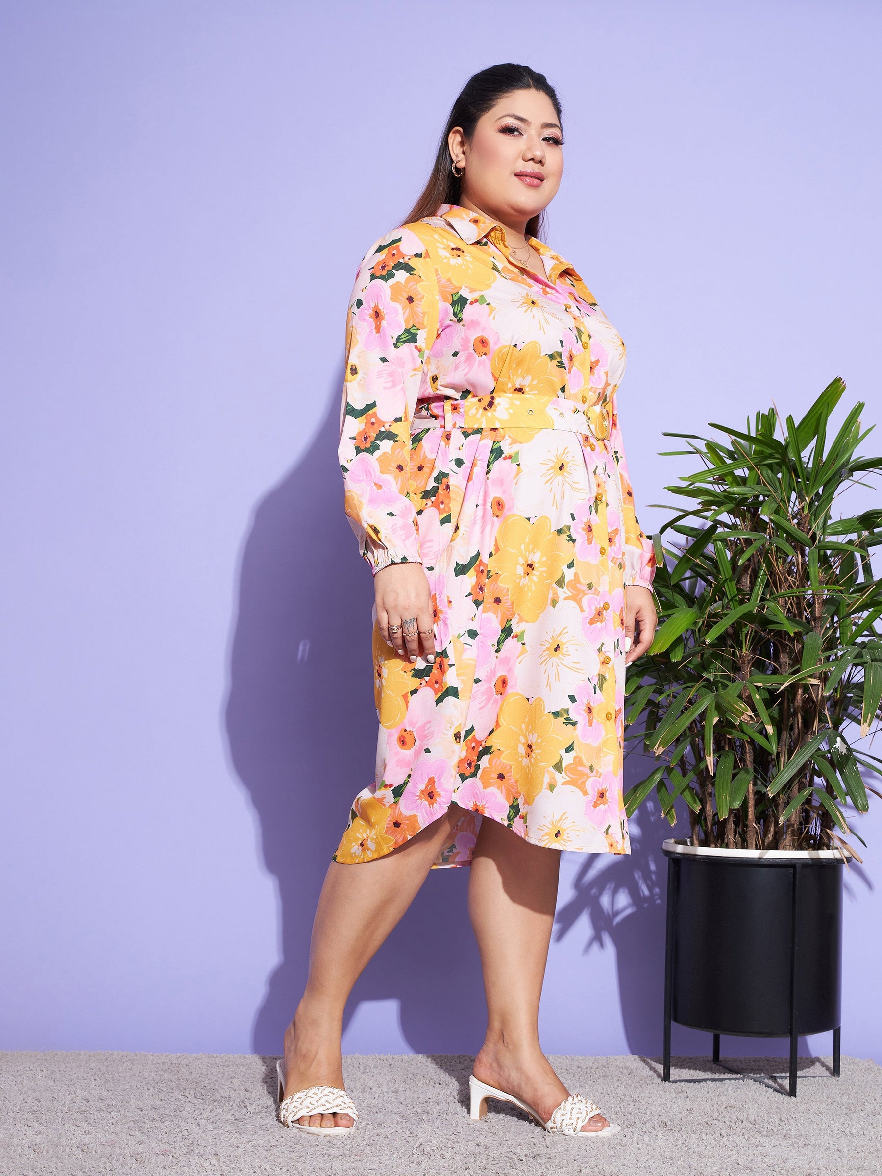 Orange Floral Belted Shirt Dress-SASSAFRAS Curve