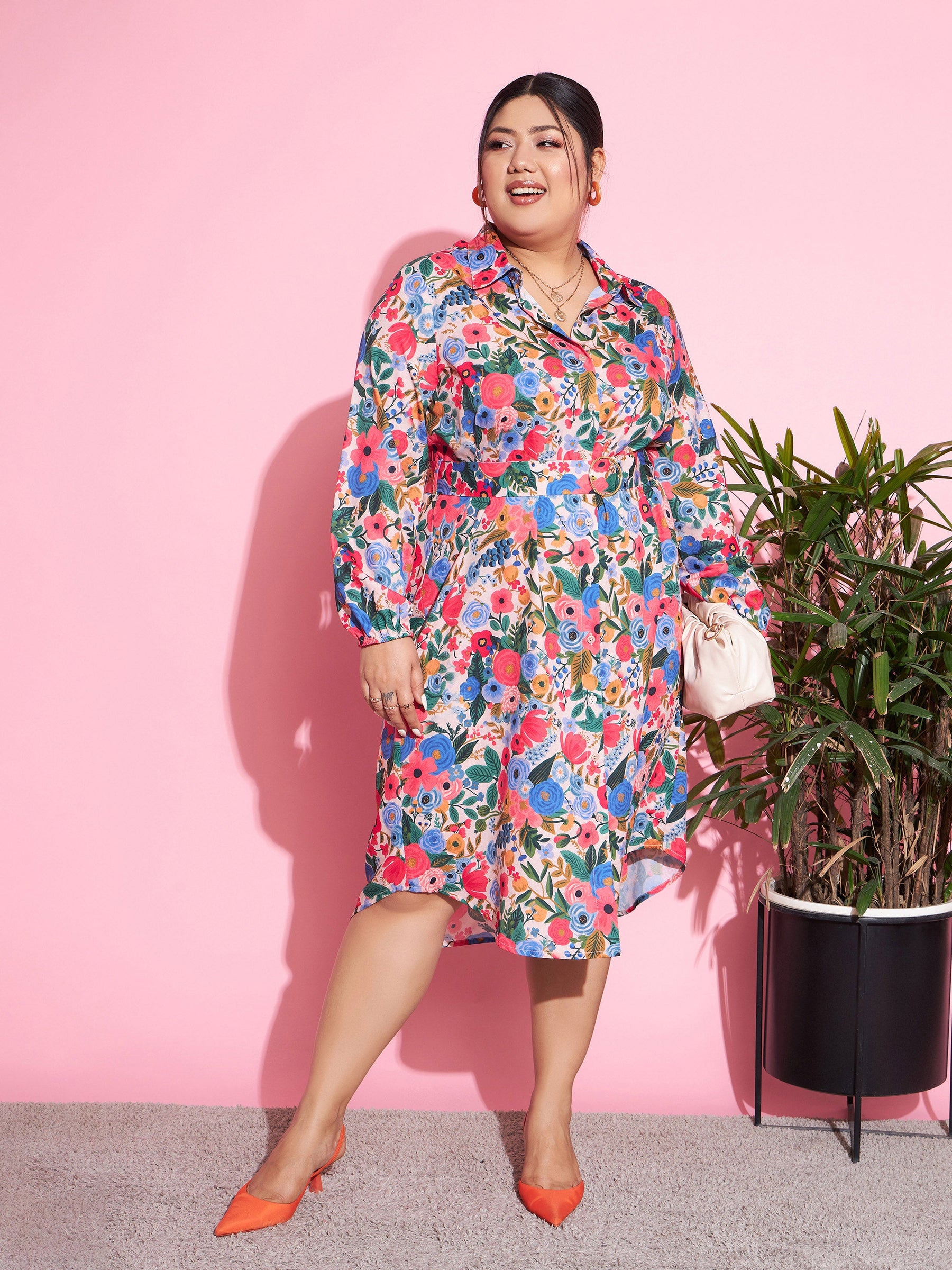 Multi Floral Self Fabric Belted Shirt Dress-SASSAFRAS Curve