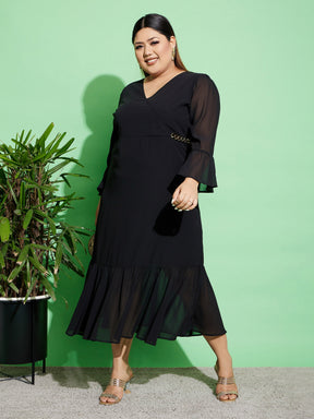 Black Chain Detail Wrap Dress-SASSAFRAS Curve