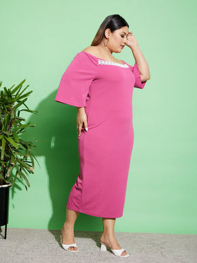 Pink Off Shoulder Bodycon Midi Dress-SASSAFRAS Curve