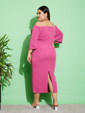 Pink Off Shoulder Bodycon Midi Dress-SASSAFRAS Curve