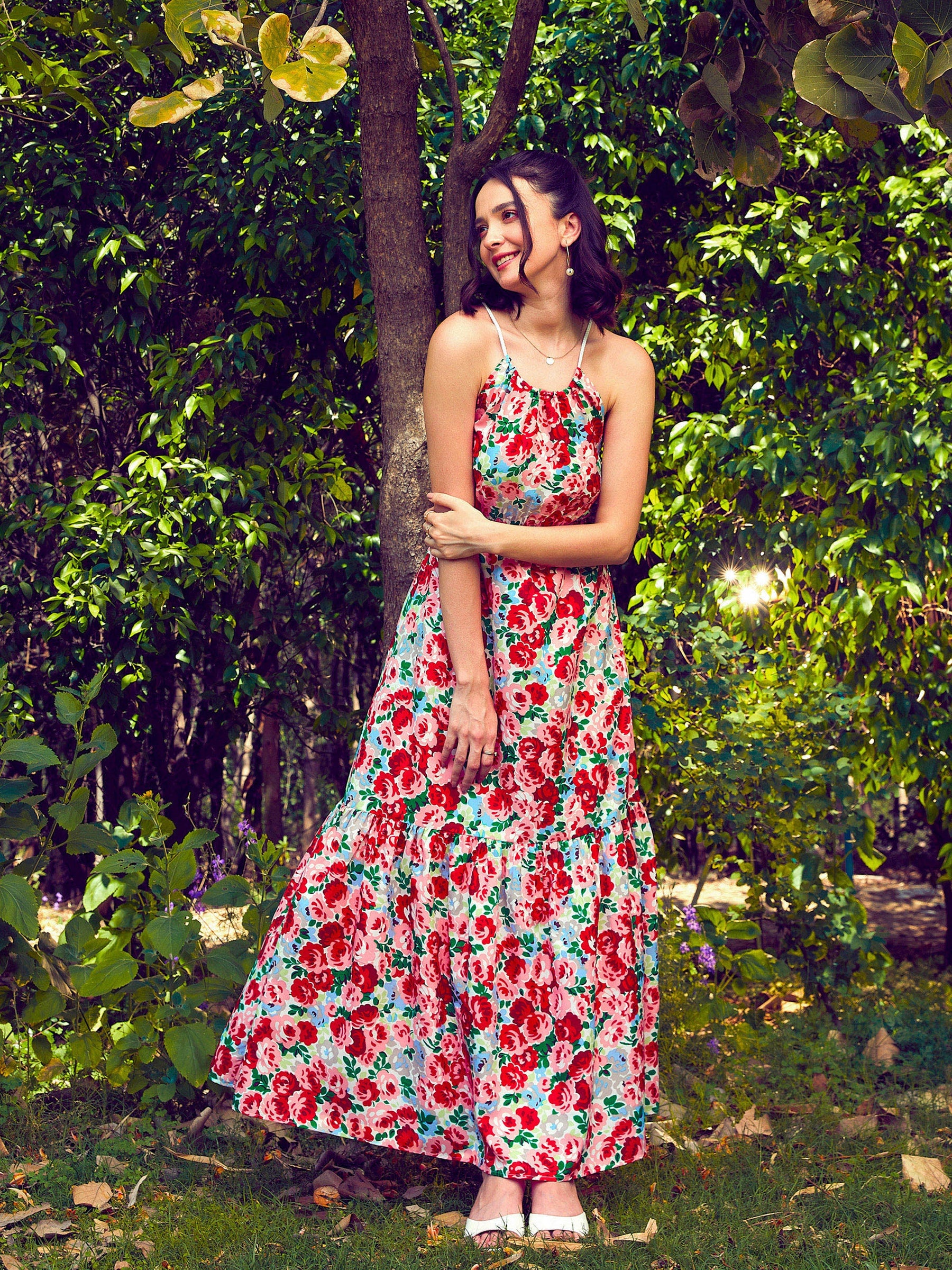 Women Red Floral Backless Maxi Dress - Main Image
