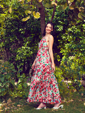 Red Floral Backless Maxi Dress-SASSAFRAS