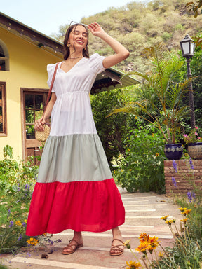 Color-block ribbed cotton-blend maxi dress