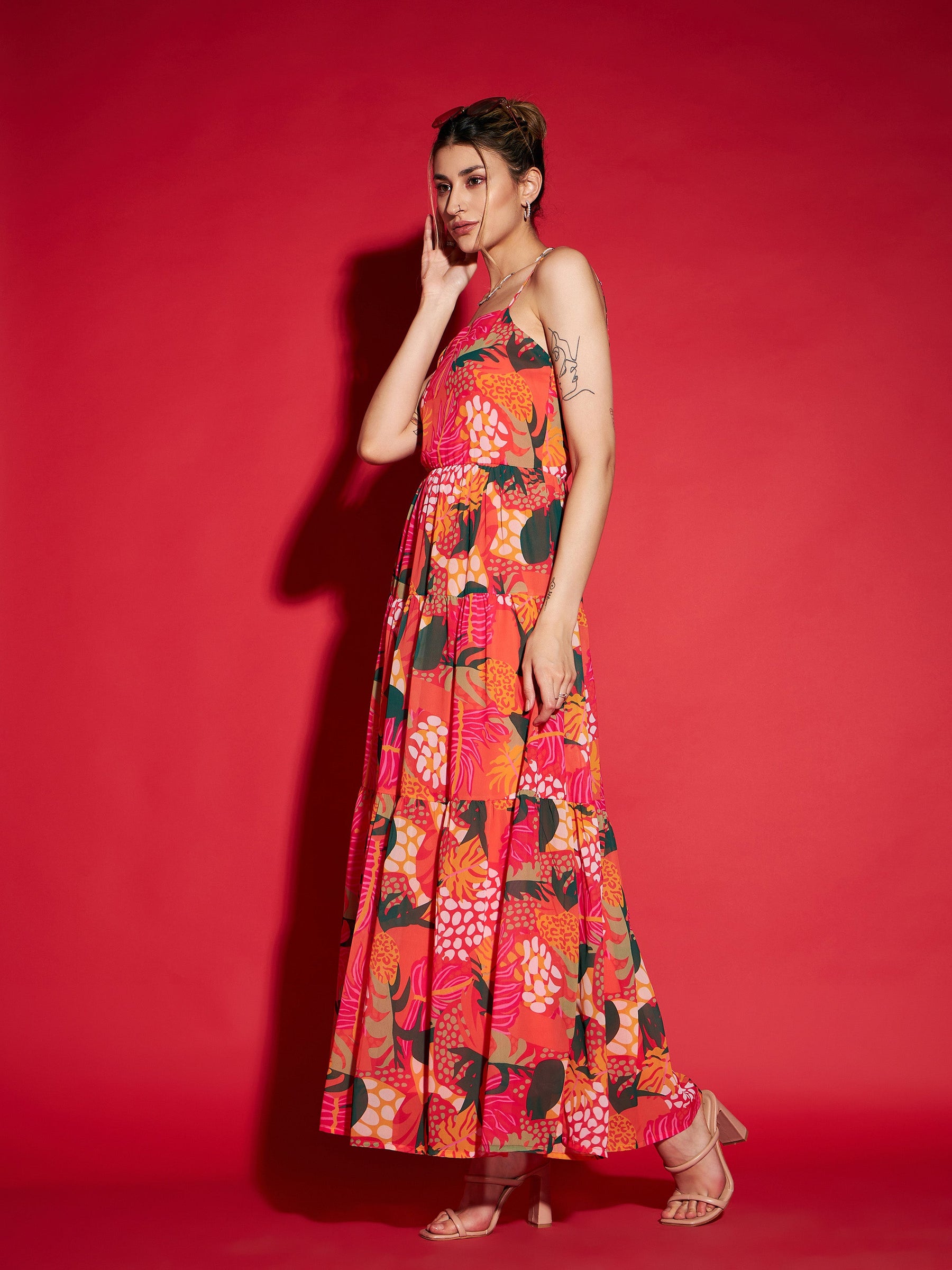 Magenta Floral Strappy Tiered Maxi Dress-SASSAFRAS