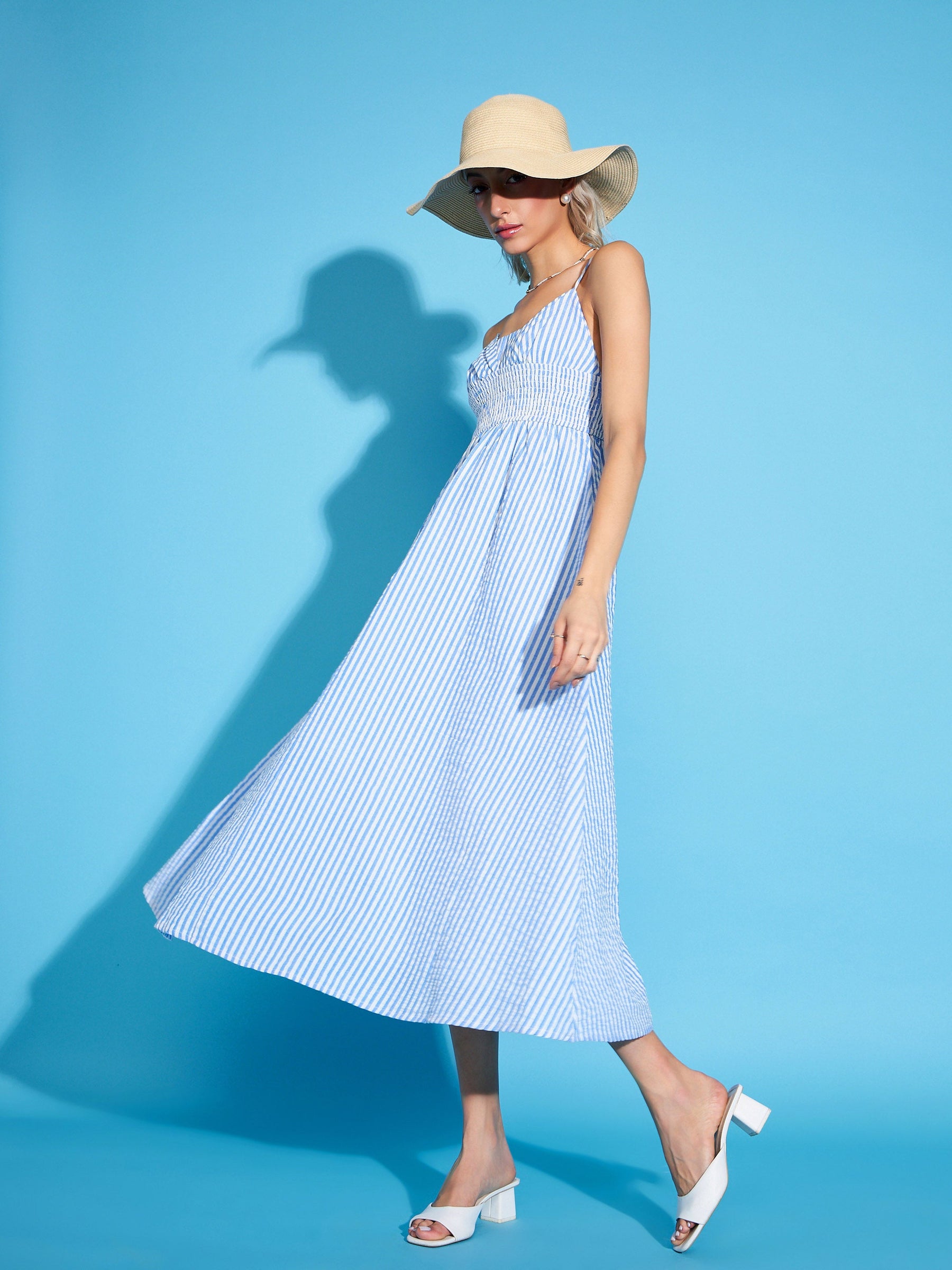 Women Blue & White Striped Side Slit Maxi Dress