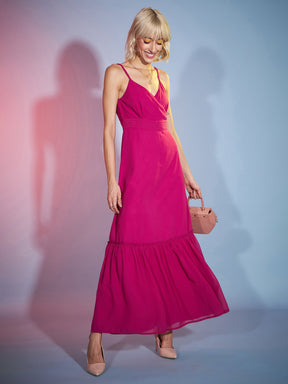 Magenta Strappy Wrap Neck Maxi Dress-SASSAFRAS