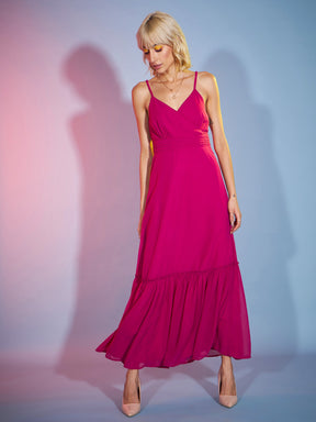 Magenta Strappy Wrap Neck Maxi Dress-SASSAFRAS