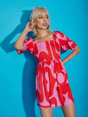 Pink Abstract Print Puff Sleeves Mini Dress-SASSAFRAS