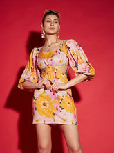 Yellow Floral Side Cut Out Mini Dress-SASSAFRAS