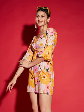 Yellow Floral Side Cut Out Mini Dress-SASSAFRAS