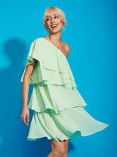 Pista Green One Shoulder Layered Short Dress-SASSAFRAS