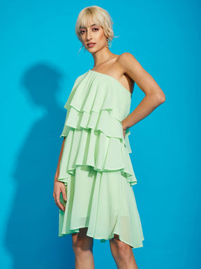 Pista Green One Shoulder Layered Short Dress-SASSAFRAS