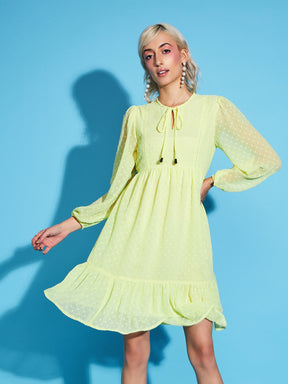 Yellow Dobby Frill Hem Short Dress-SASSAFRAS