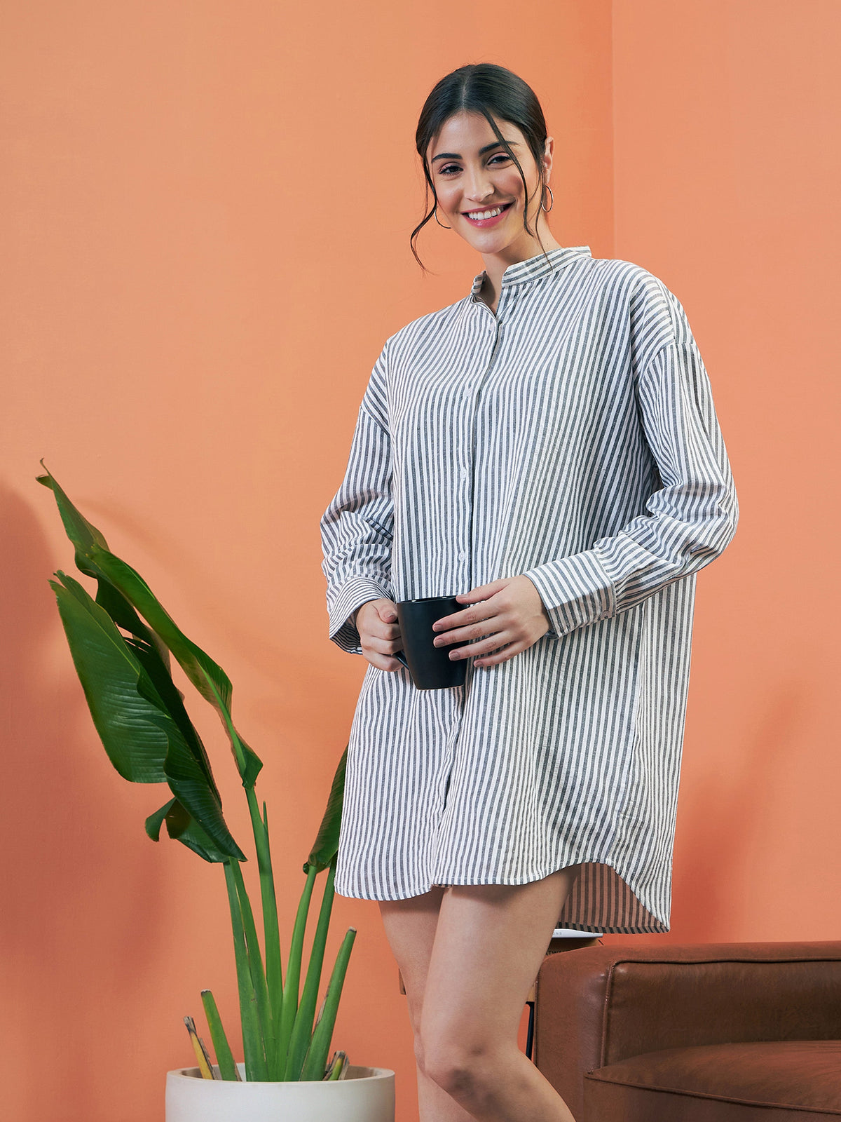 Grey Stripes Seersucker Shirt Dress-SASSAFRAS alt-laze