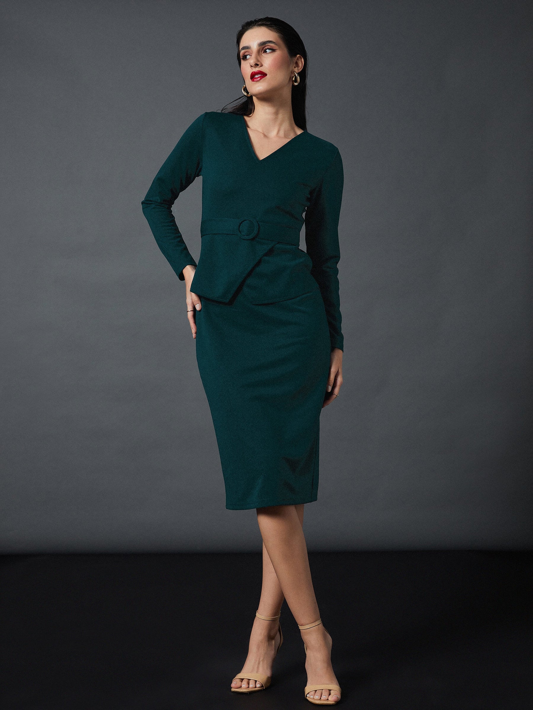 Emerald Peplum Bodycon Dress-SASSAFRAS worklyf