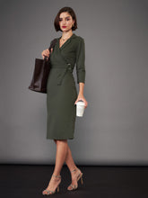 Olive Front Wrap Bodycon Midi Dress-SASSAFRAS worklyf