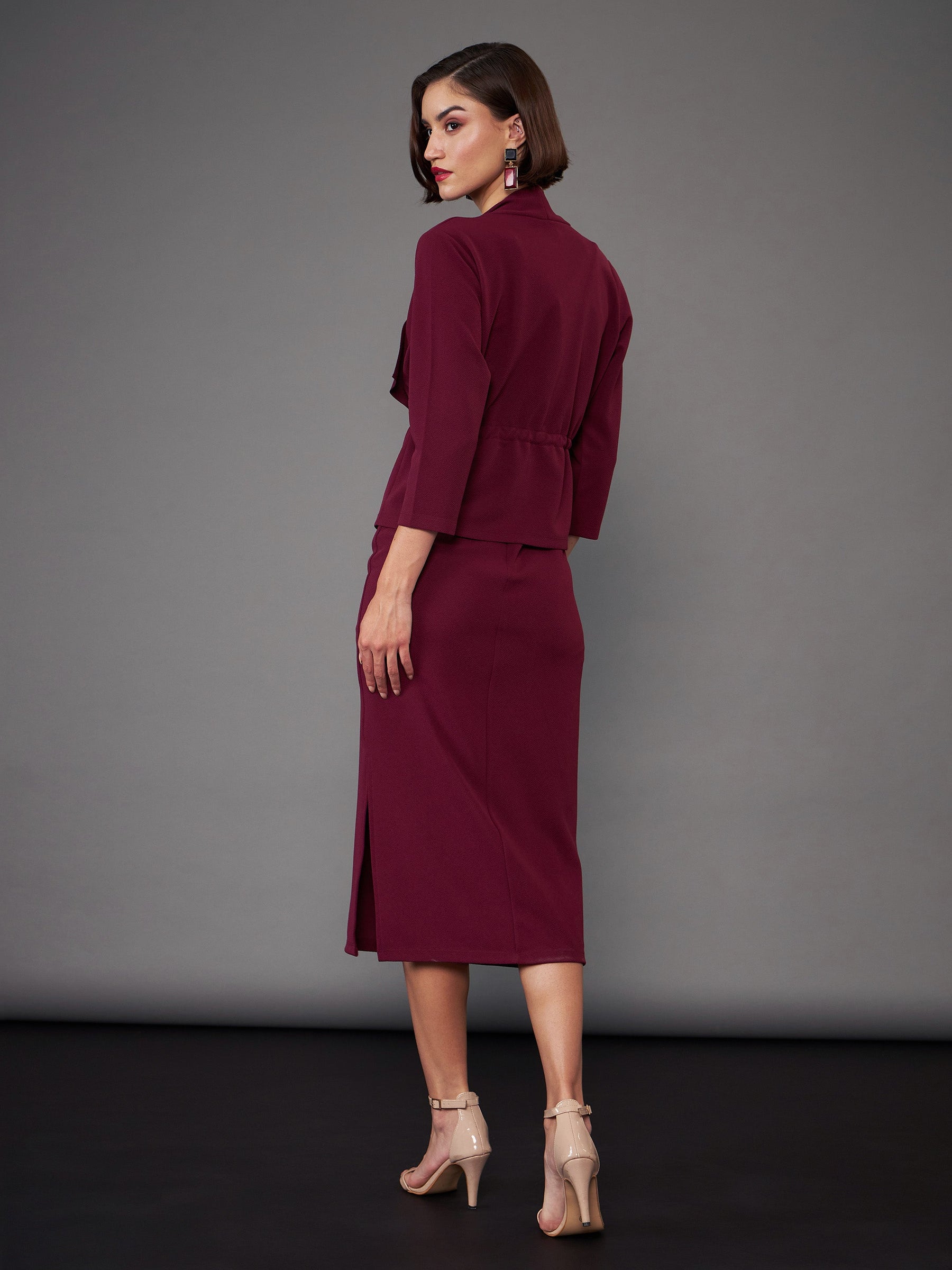 Buy Burgundy Strappy Bodycon Dress With Crop Shrug Online At Best