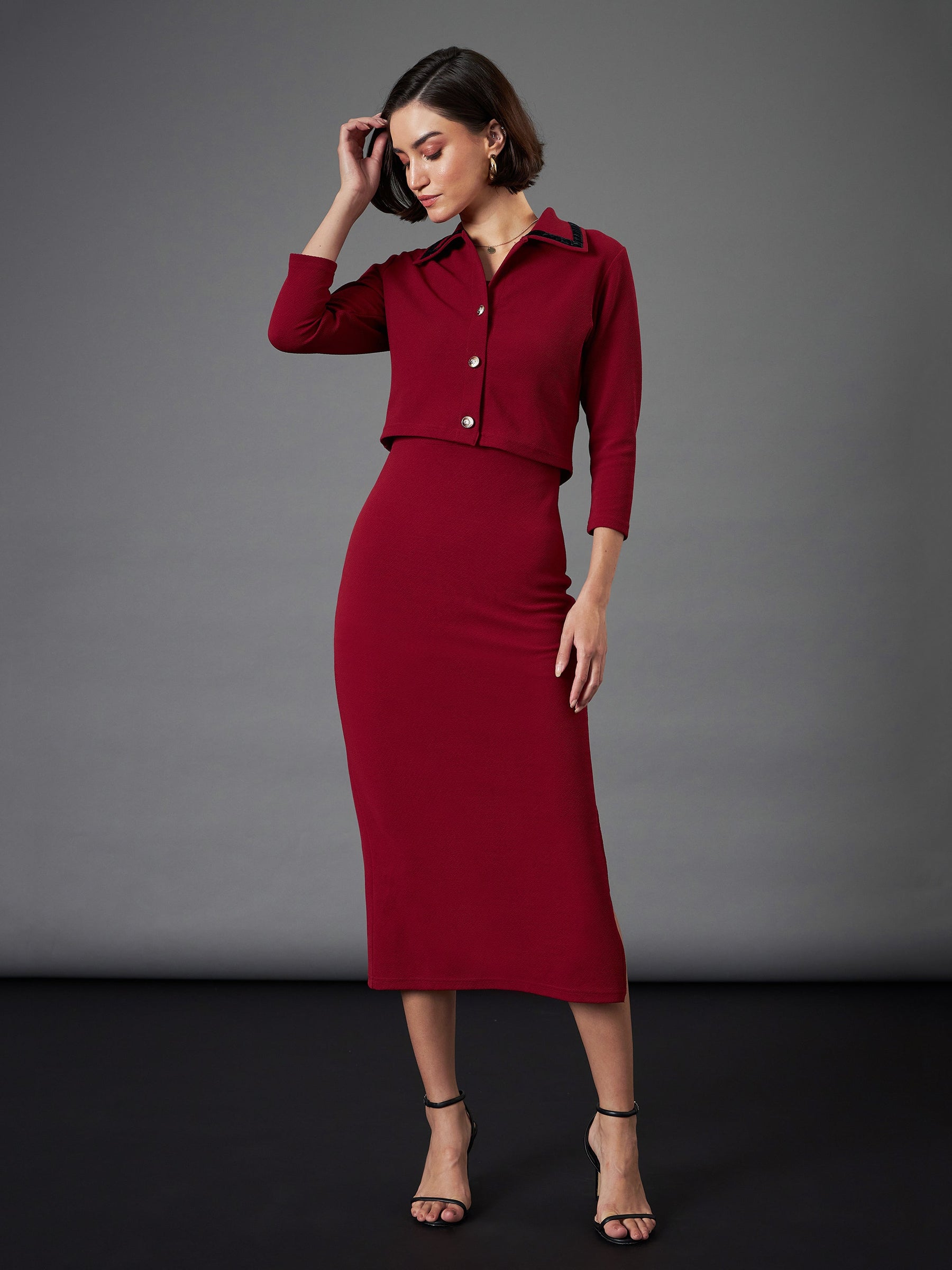 Buy Maroon Strappy Bodycon Dress With Crop Jacket Online At Best