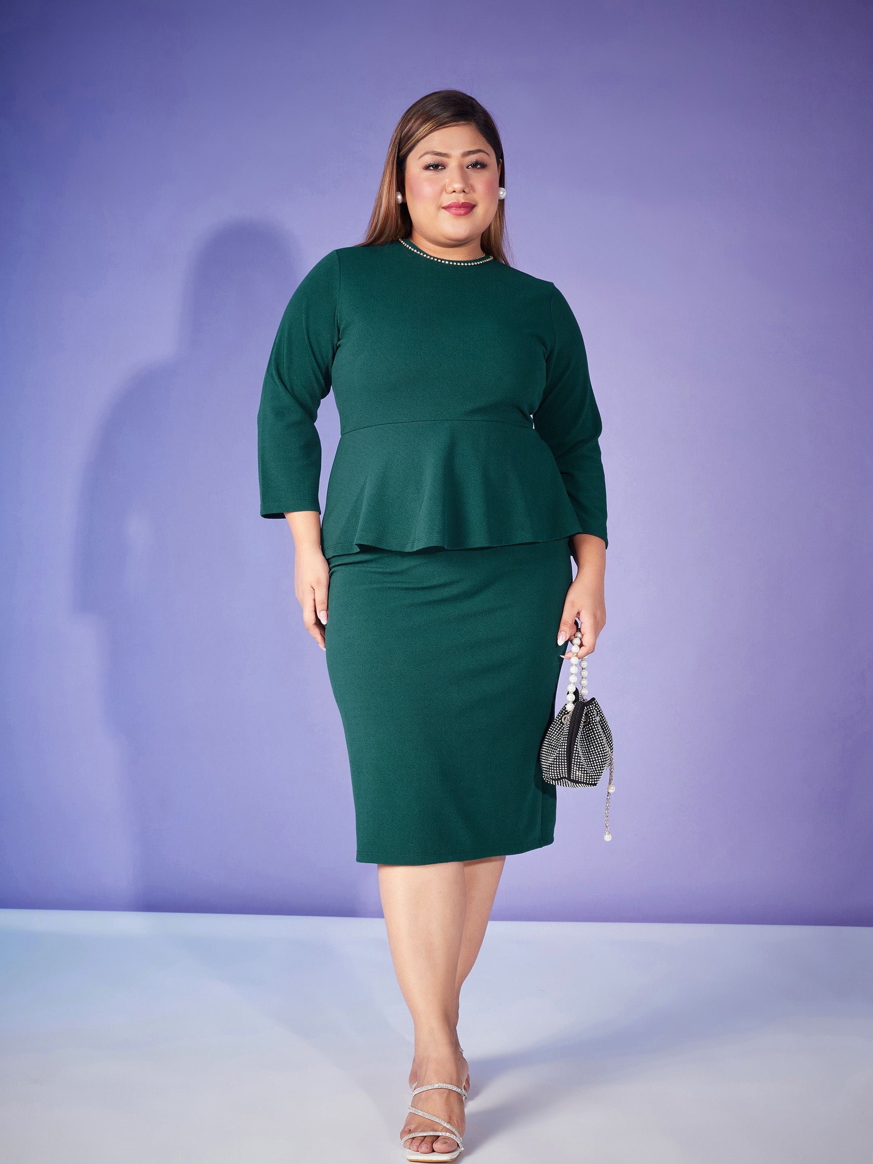 Women Emerald Peplum Bodycon Dress - Main Image