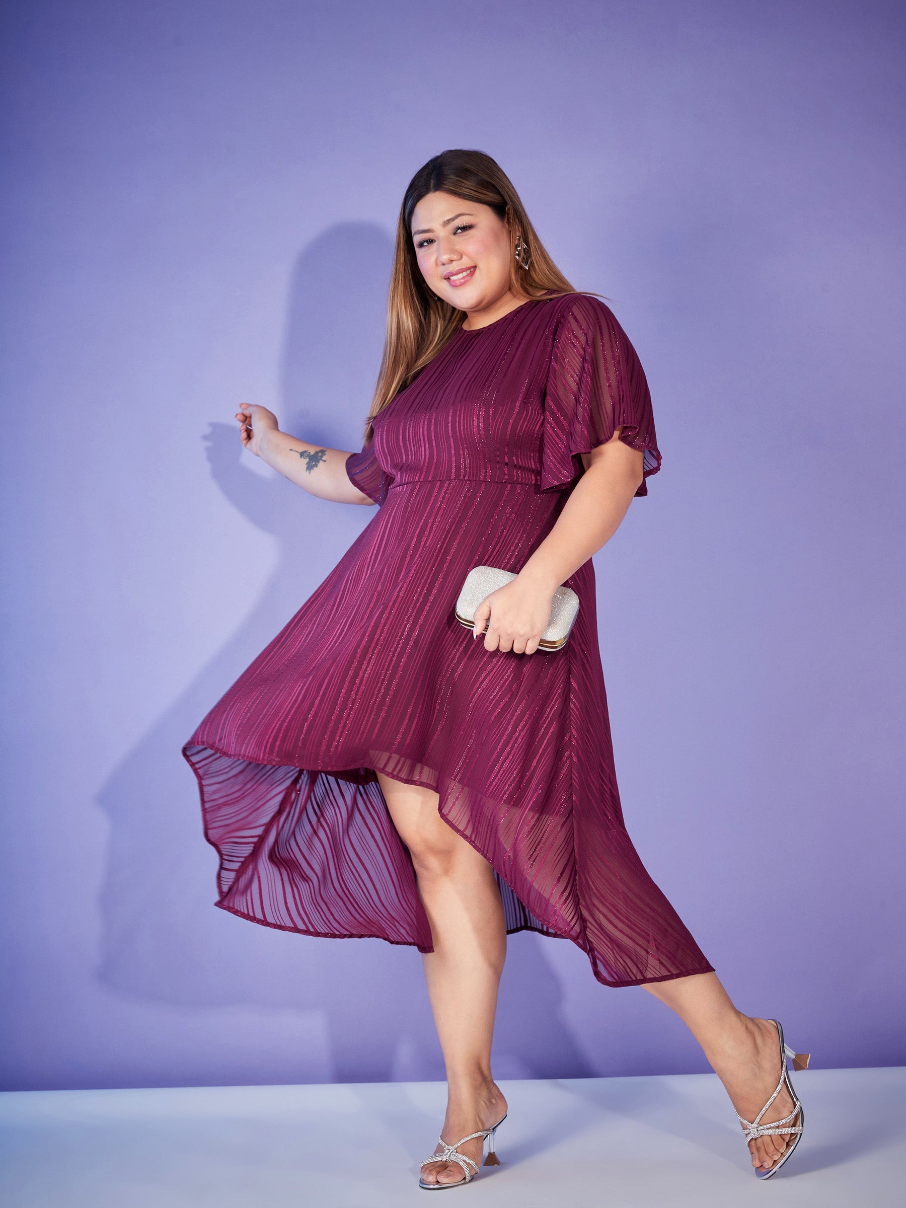 Maroon Lurex High Low Dress-SASSAFRAS Curve